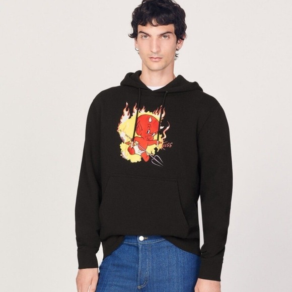 Sandro Hot Stuff Devil Graphic Hoodie Black Mens Small Limited Edition Deadstock